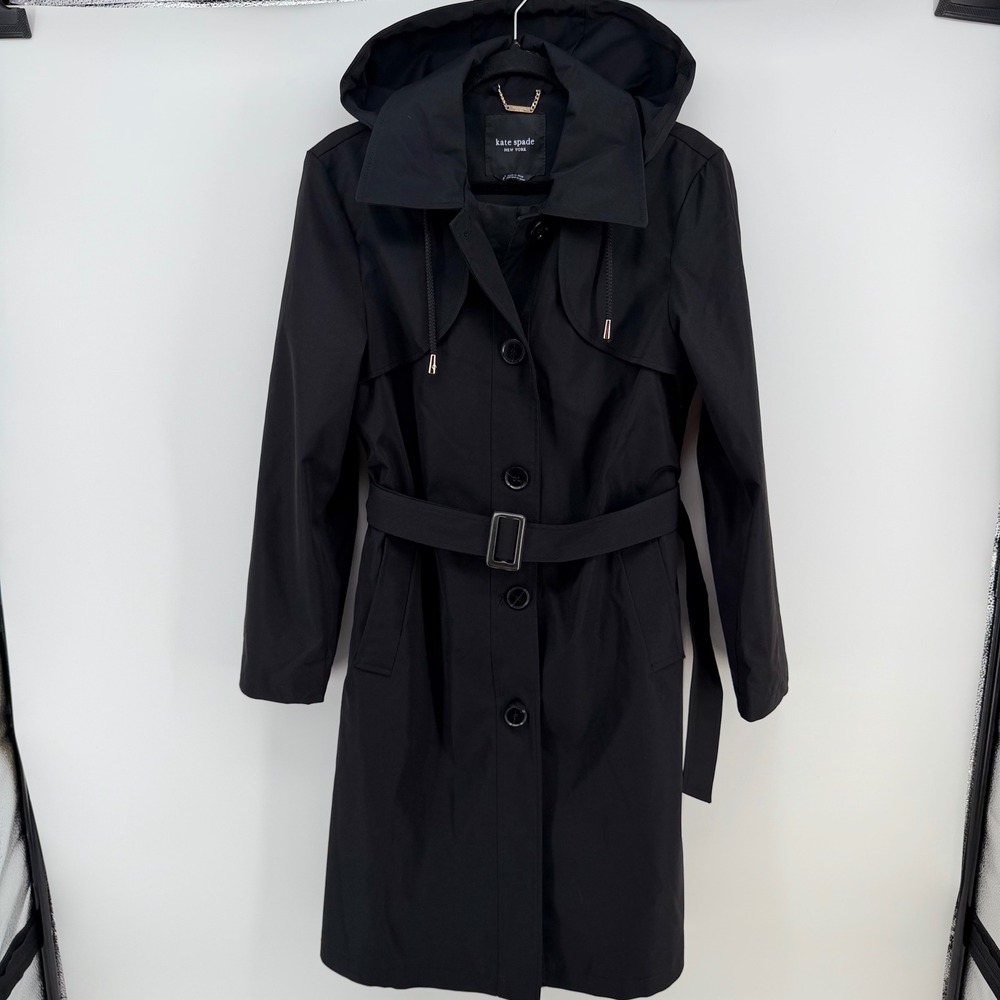 Kate Spade New York Hooded Belted Rain Trench Coat Black Small S MINT